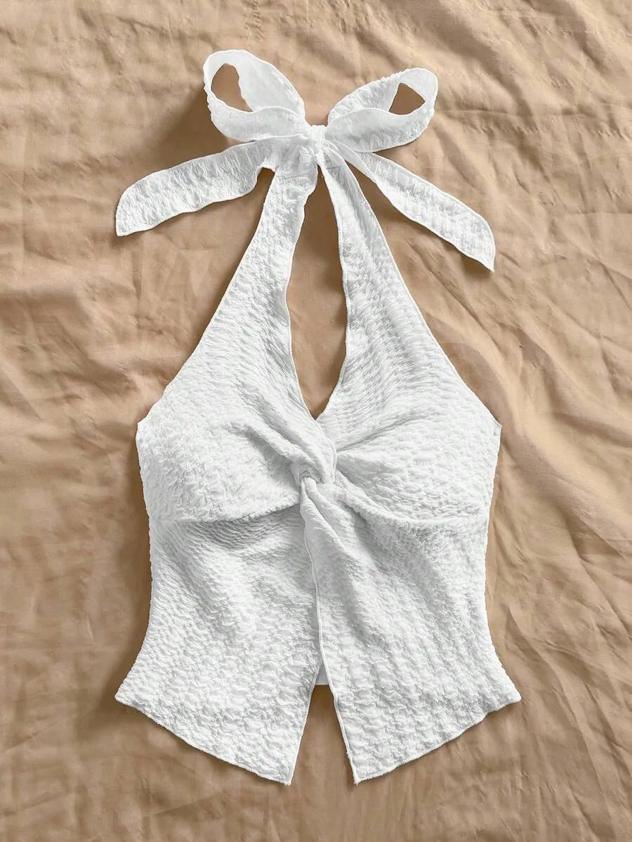 Women's Sexy Halter Neck Open Back Tank Top – Fashionable Tie Knot Hem Detail, Sleeveless Slit Design for Summer Parties, Beach Days & Casual Chic Outfits