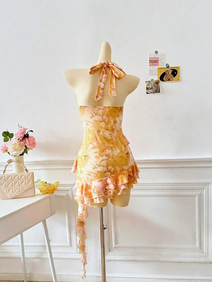 Women's Full Print Halter Neck Dress – Vacation Style with Asymmetrical Ruffle Hem, Lightweight Summer Dress for Beach, Casual & Resort Wear