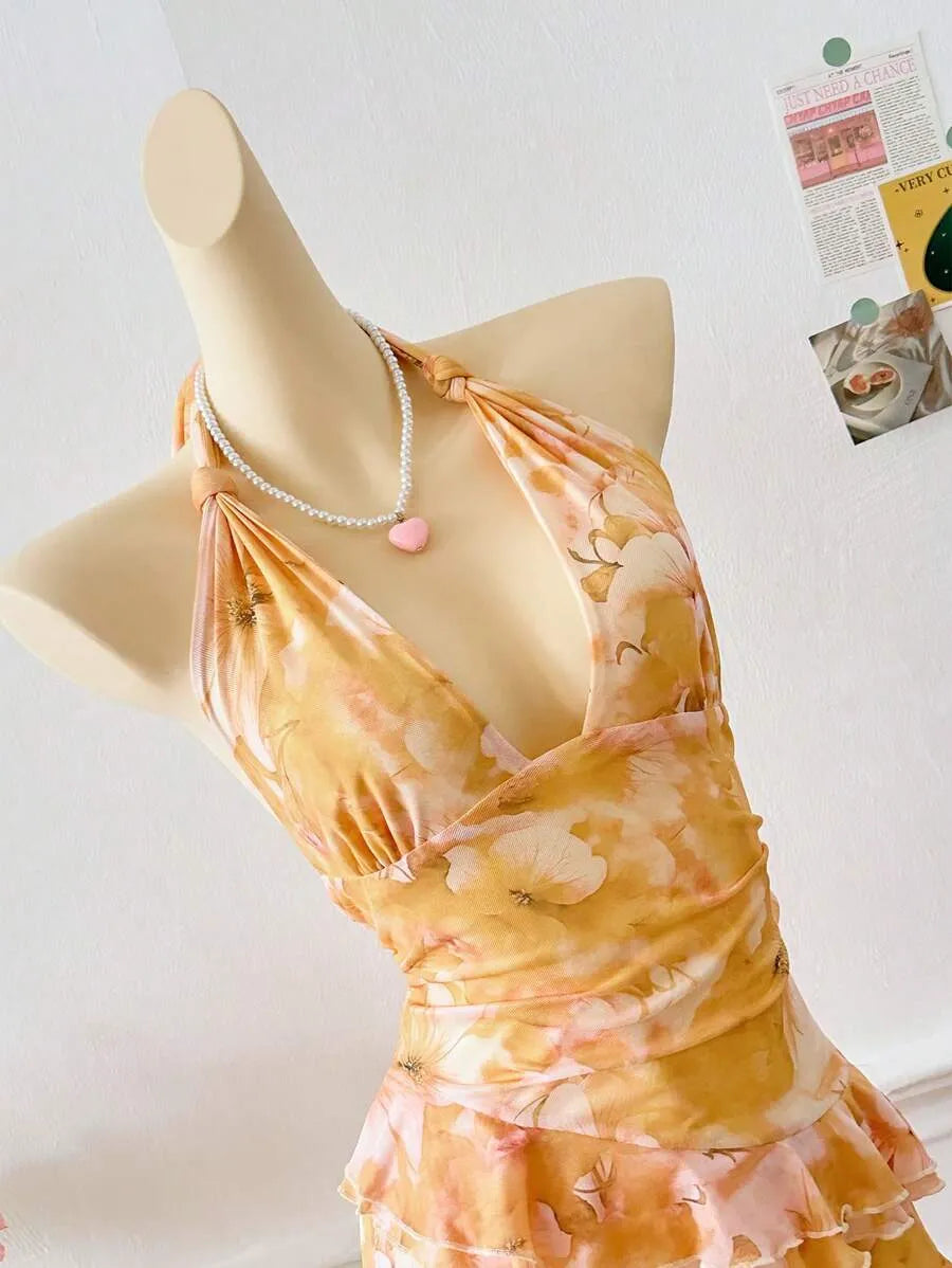 Women's Full Print Halter Neck Dress – Vacation Style with Asymmetrical Ruffle Hem, Lightweight Summer Dress for Beach, Casual & Resort Wear