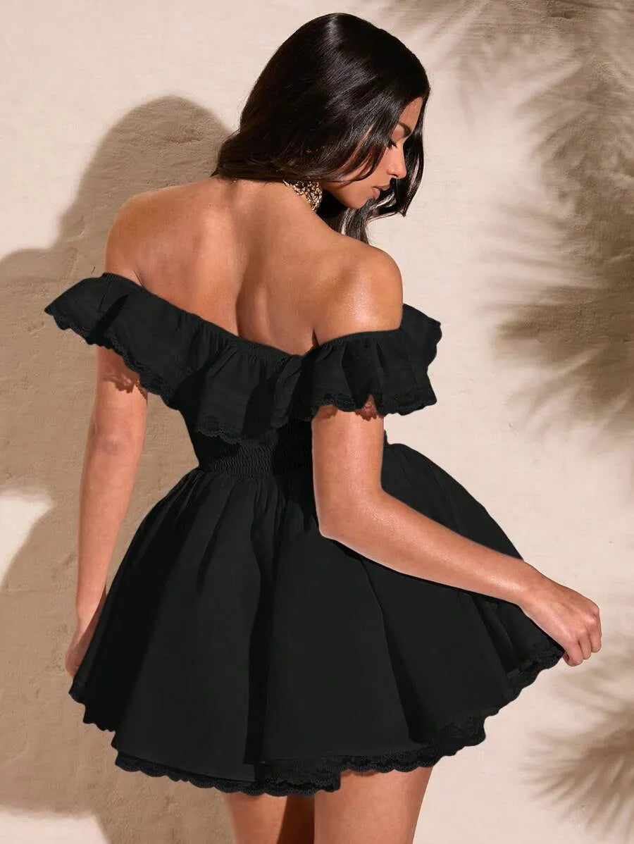 Women's Summer White Off Shoulder Lace Dress – Sexy Sweetheart Neckline with Petal Sleeves, Ruffled Bodice & Lace Edge, Elegant Solid Color Dress for Parties & Special Occasions