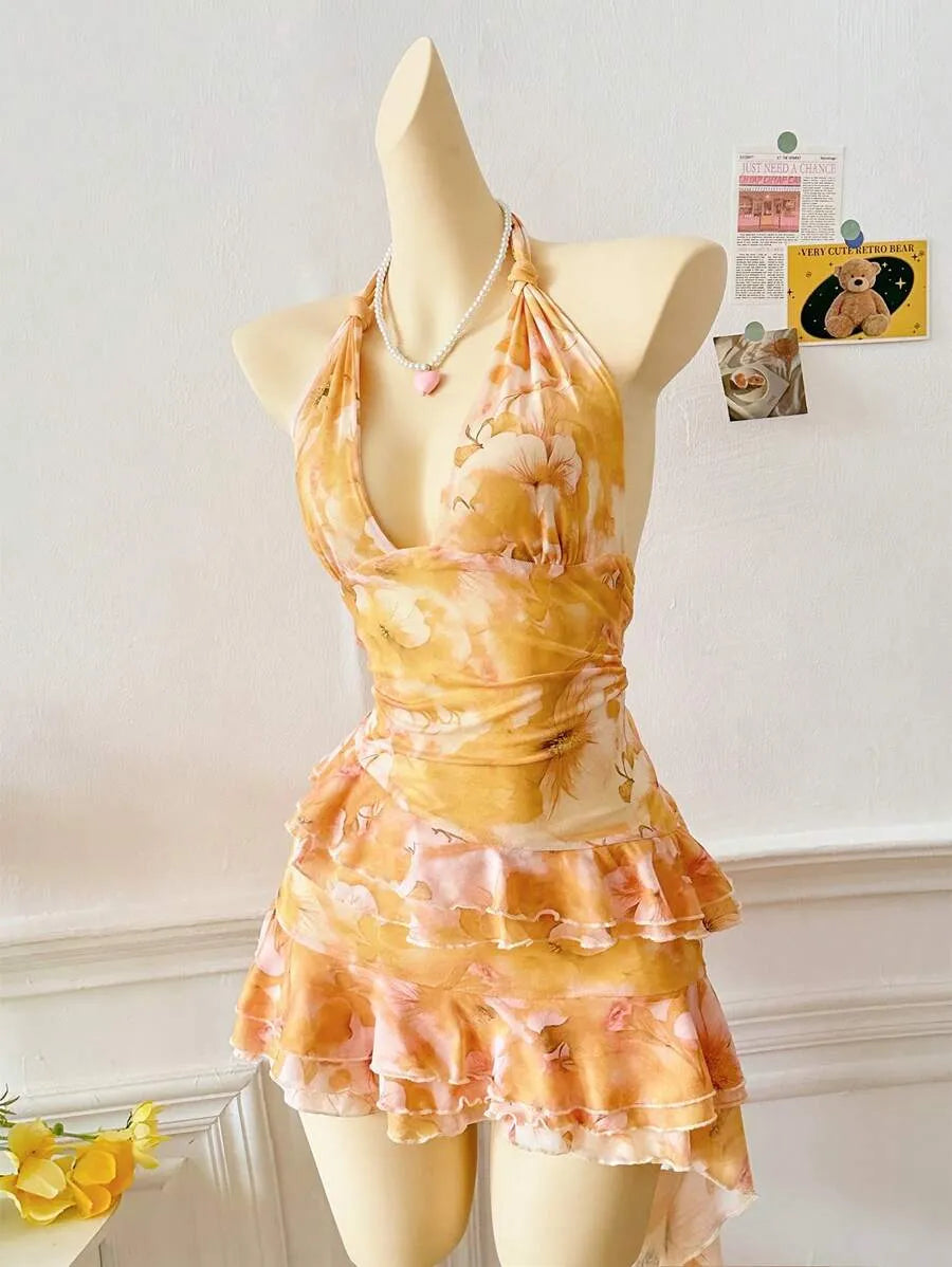 Women's Full Print Halter Neck Dress – Vacation Style with Asymmetrical Ruffle Hem, Lightweight Summer Dress for Beach, Casual & Resort Wear