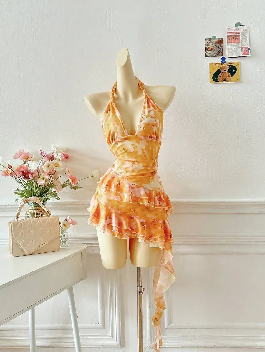 Women's Full Print Halter Neck Dress – Vacation Style with Asymmetrical Ruffle Hem, Lightweight Summer Dress for Beach, Casual & Resort Wear