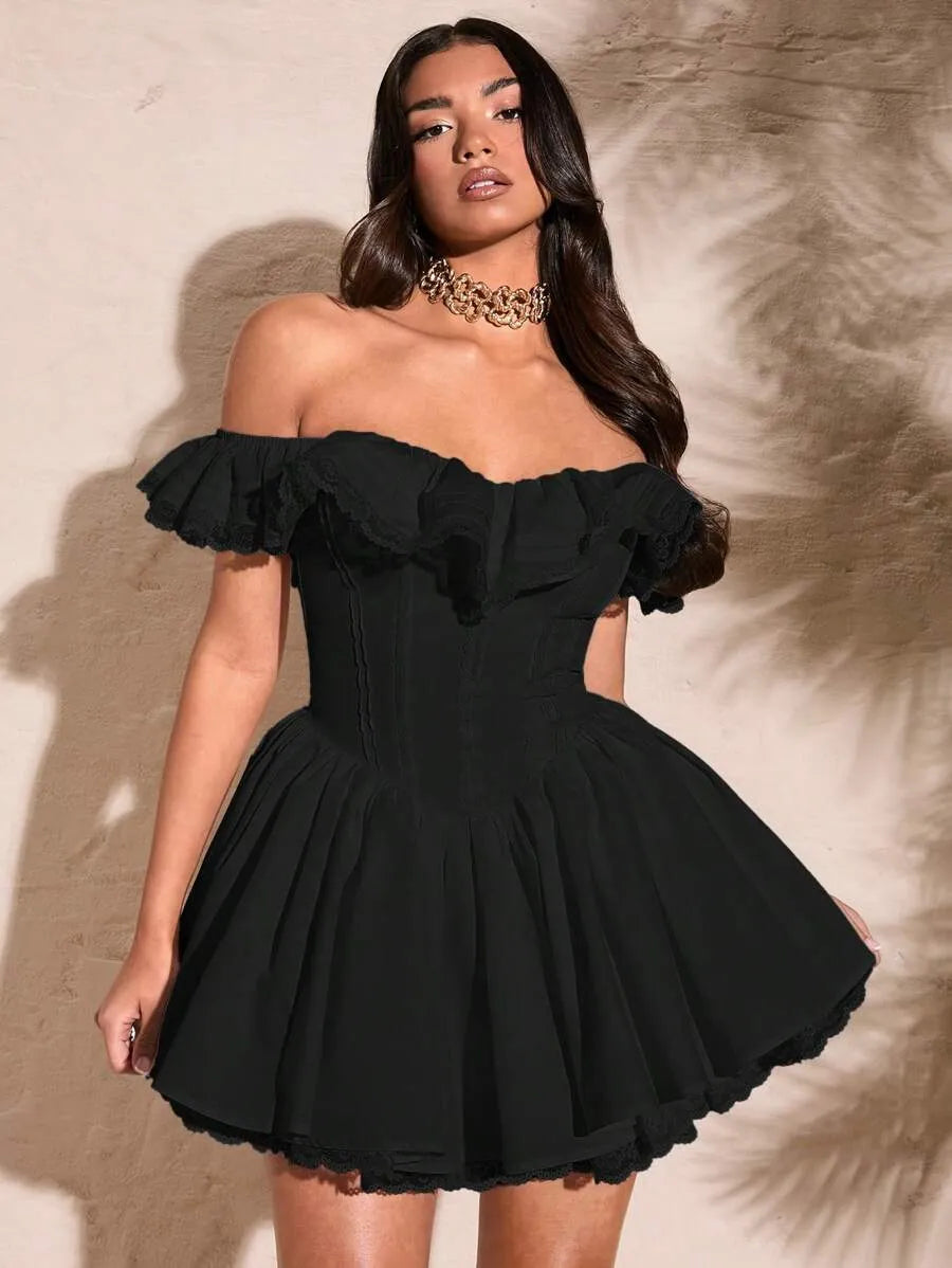 Women's Summer White Off Shoulder Lace Dress – Sexy Sweetheart Neckline with Petal Sleeves, Ruffled Bodice & Lace Edge, Elegant Solid Color Dress for Parties & Special Occasions