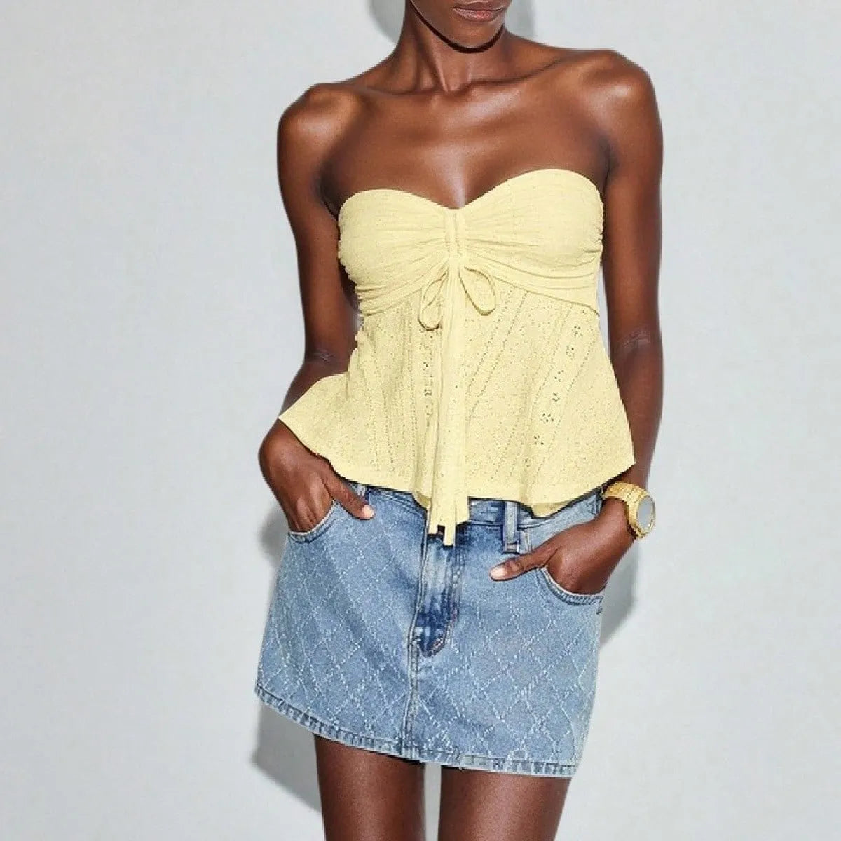 Women's Mustard Yellow Knit Bandeau Tube Top – Casual Strapless Summer Crop Top for Beach, Vacation, Layering & Everyday Outfits