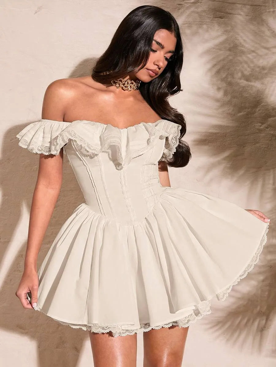 Women's Summer White Off Shoulder Lace Dress – Sexy Sweetheart Neckline with Petal Sleeves, Ruffled Bodice & Lace Edge, Elegant Solid Color Dress for Parties & Special Occasions