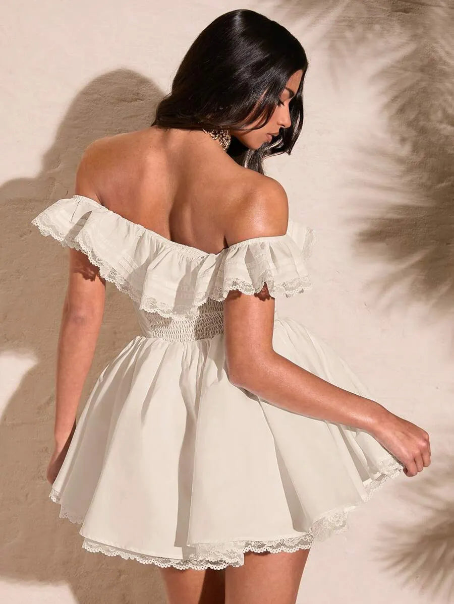 Women's Summer White Off Shoulder Lace Dress – Sexy Sweetheart Neckline with Petal Sleeves, Ruffled Bodice & Lace Edge, Elegant Solid Color Dress for Parties & Special Occasions
