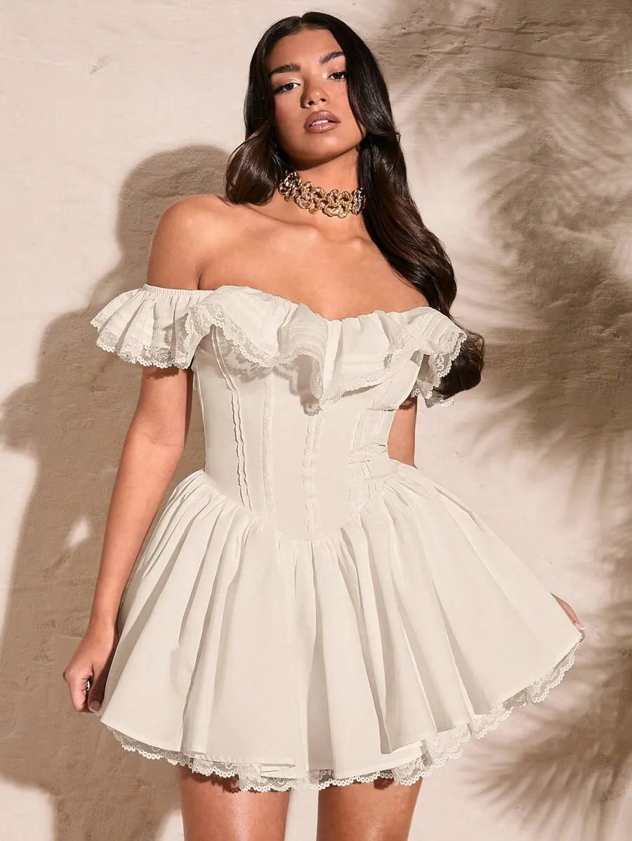Women's Summer White Off Shoulder Lace Dress – Sexy Sweetheart Neckline with Petal Sleeves, Ruffled Bodice & Lace Edge, Elegant Solid Color Dress for Parties & Special Occasions