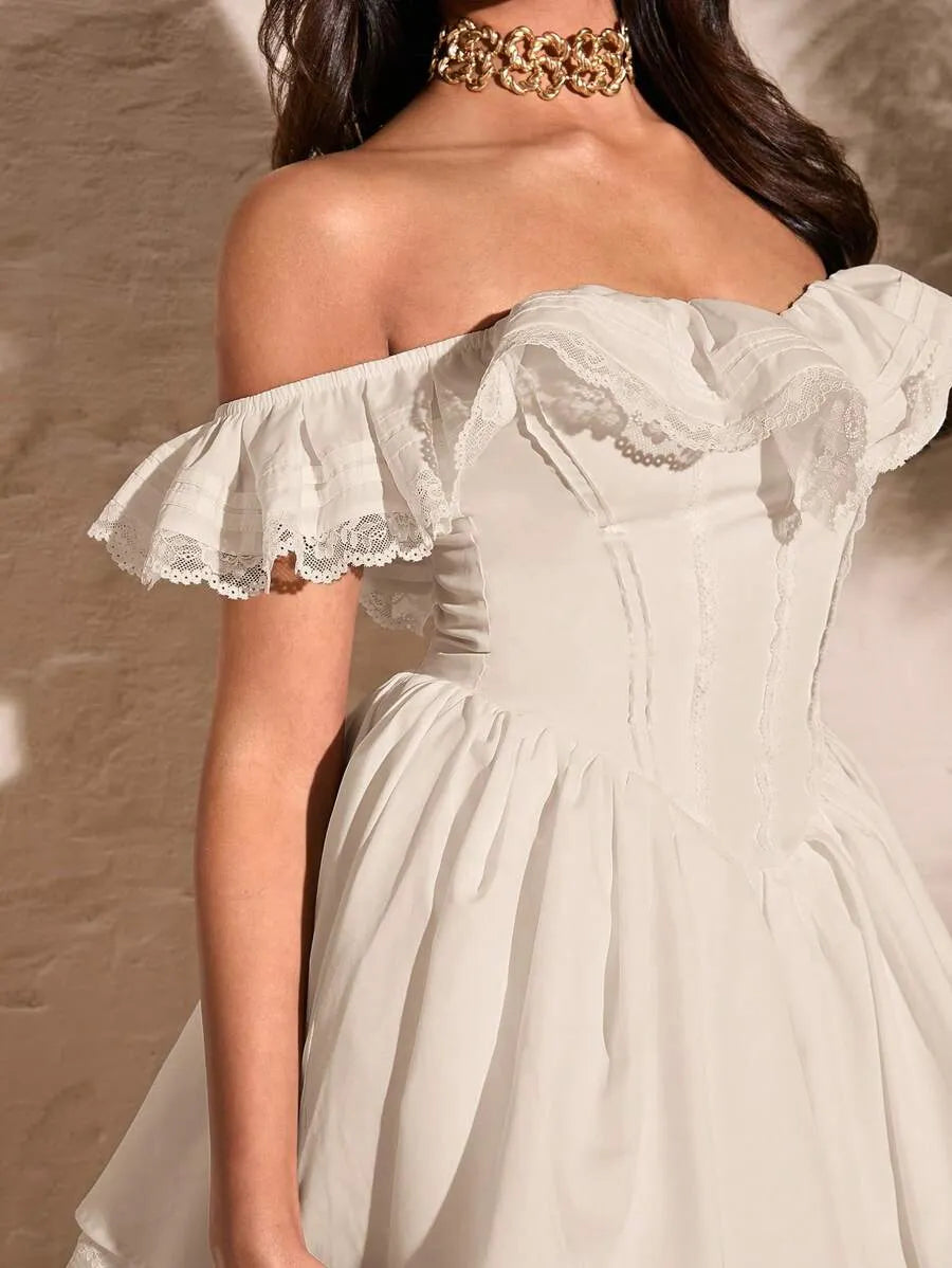 Women's Summer White Off Shoulder Lace Dress – Sexy Sweetheart Neckline with Petal Sleeves, Ruffled Bodice & Lace Edge, Elegant Solid Color Dress for Parties & Special Occasions