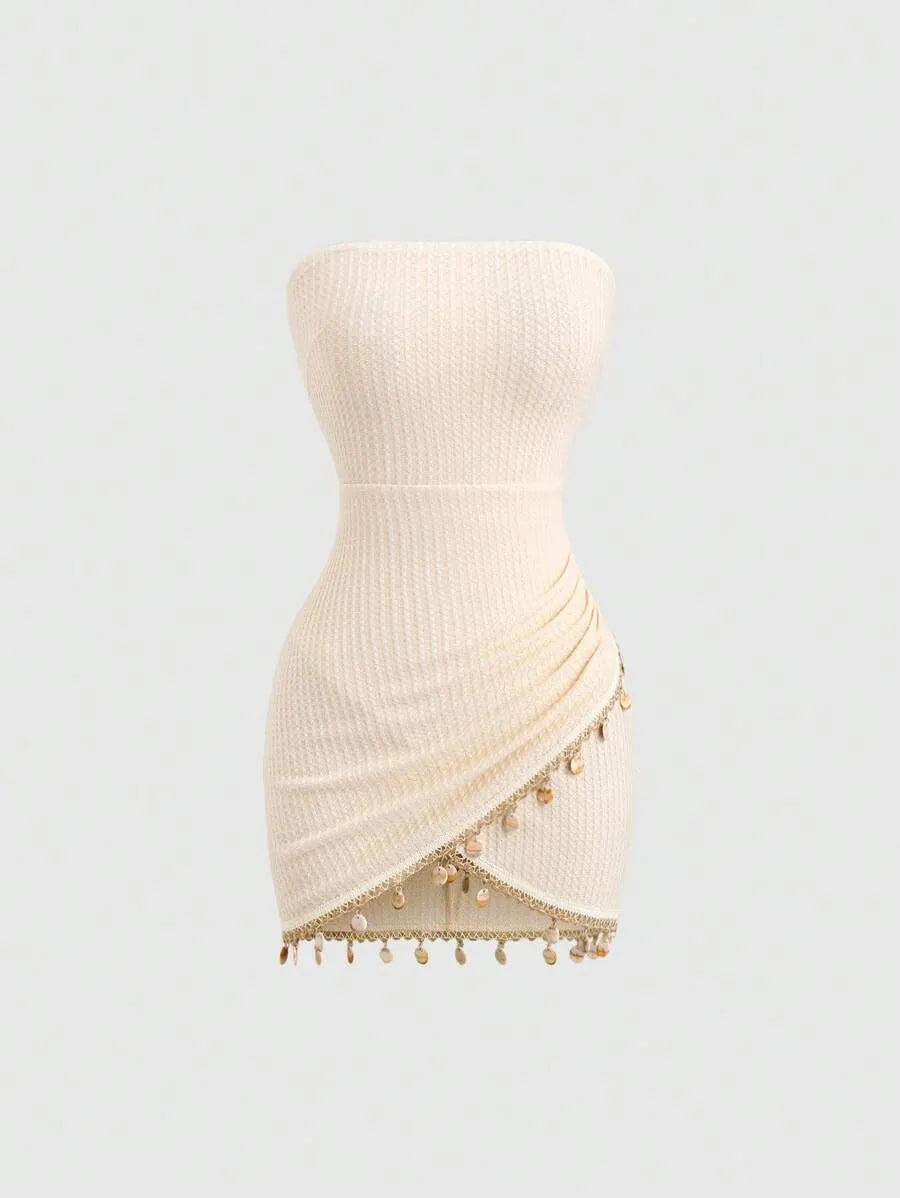 Women's Bohemian Strapless Mini Dress – Textured Fabric with Patchwork Hem, Shell Ornament & Open Back for Spring, Summer Vacation, Beach, Resort & Retro Style