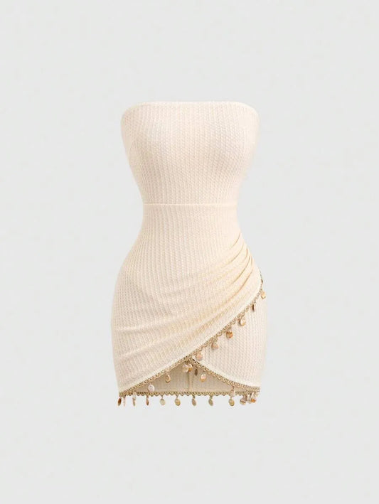 Women's Bohemian Strapless Mini Dress – Textured Fabric with Patchwork Hem, Shell Ornament & Open Back for Spring, Summer Vacation, Beach, Resort & Retro Style