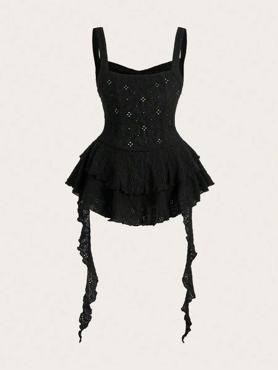 Women’s Y2K Spring Break Pastel Long Cami Dress – Hollow Out Perspective Design with Ruffle Hem, Perfect for Summer Outfits, Beach, Vacation & Casual Wear