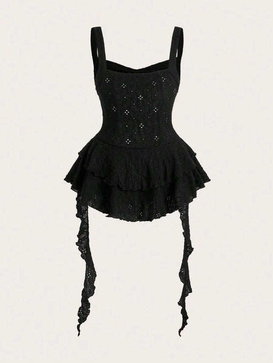 Women’s Y2K Spring Break Pastel Long Cami Dress – Hollow Out Perspective Design with Ruffle Hem, Perfect for Summer Outfits, Beach, Vacation & Casual Wear