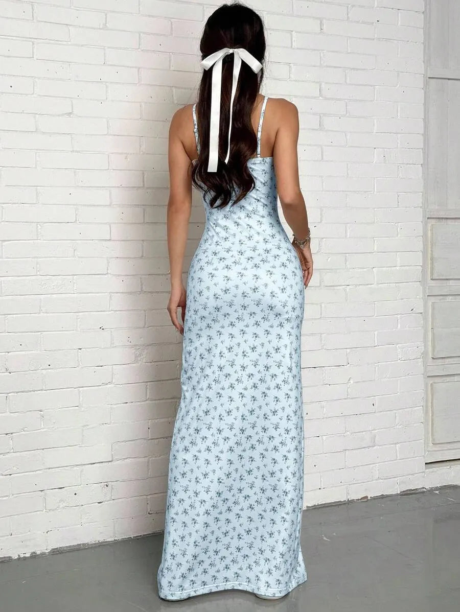 Women's Baby Blue Ditsy Floral Spaghetti Strap Dress – Vacation Summer Dress with Side Slit Hem, Lightweight & Breezy for Beach, Casual & Outdoor Wear