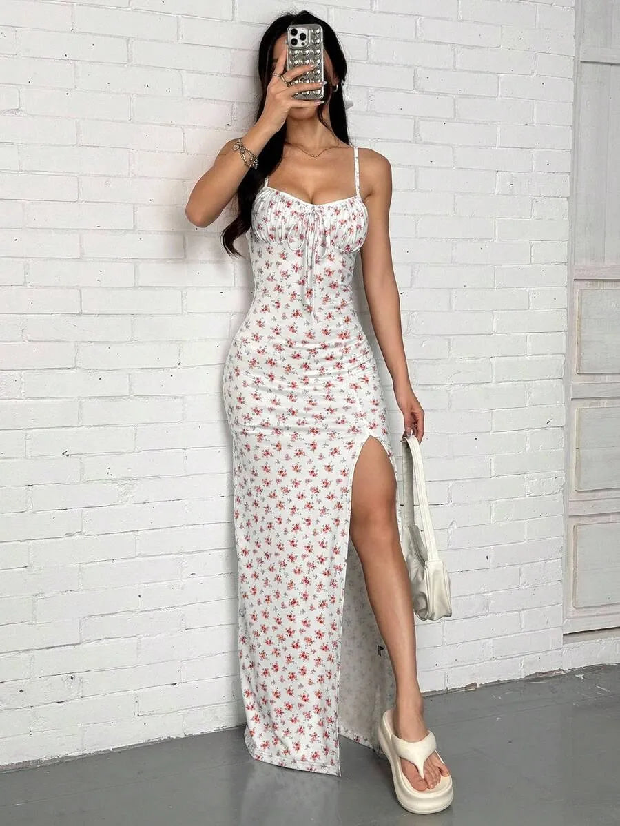 Women's Baby Blue Ditsy Floral Spaghetti Strap Dress – Vacation Summer Dress with Side Slit Hem, Lightweight & Breezy for Beach, Casual & Outdoor Wear