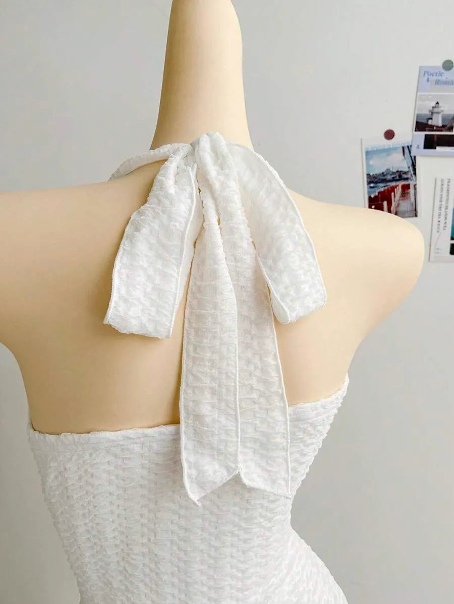 Women's White Knit Textured Halter Mini Dress – Vacation Style with Tie Bow, Hollow Chest, Ruched Fit, Metallic Starfish Decor, Slim Sexy Dress for Party, Date, Beach & Summer Outfits