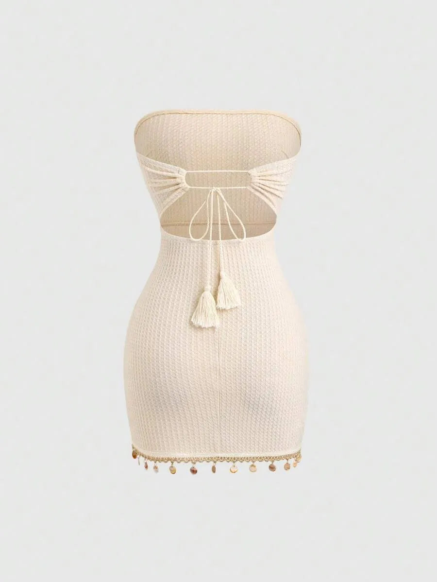 Women's Bohemian Strapless Mini Dress – Textured Fabric with Patchwork Hem, Shell Ornament & Open Back for Spring, Summer Vacation, Beach, Resort & Retro Style