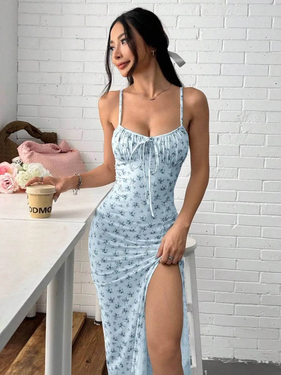 Women's Baby Blue Ditsy Floral Spaghetti Strap Dress – Vacation Summer Dress with Side Slit Hem, Lightweight & Breezy for Beach, Casual & Outdoor Wear