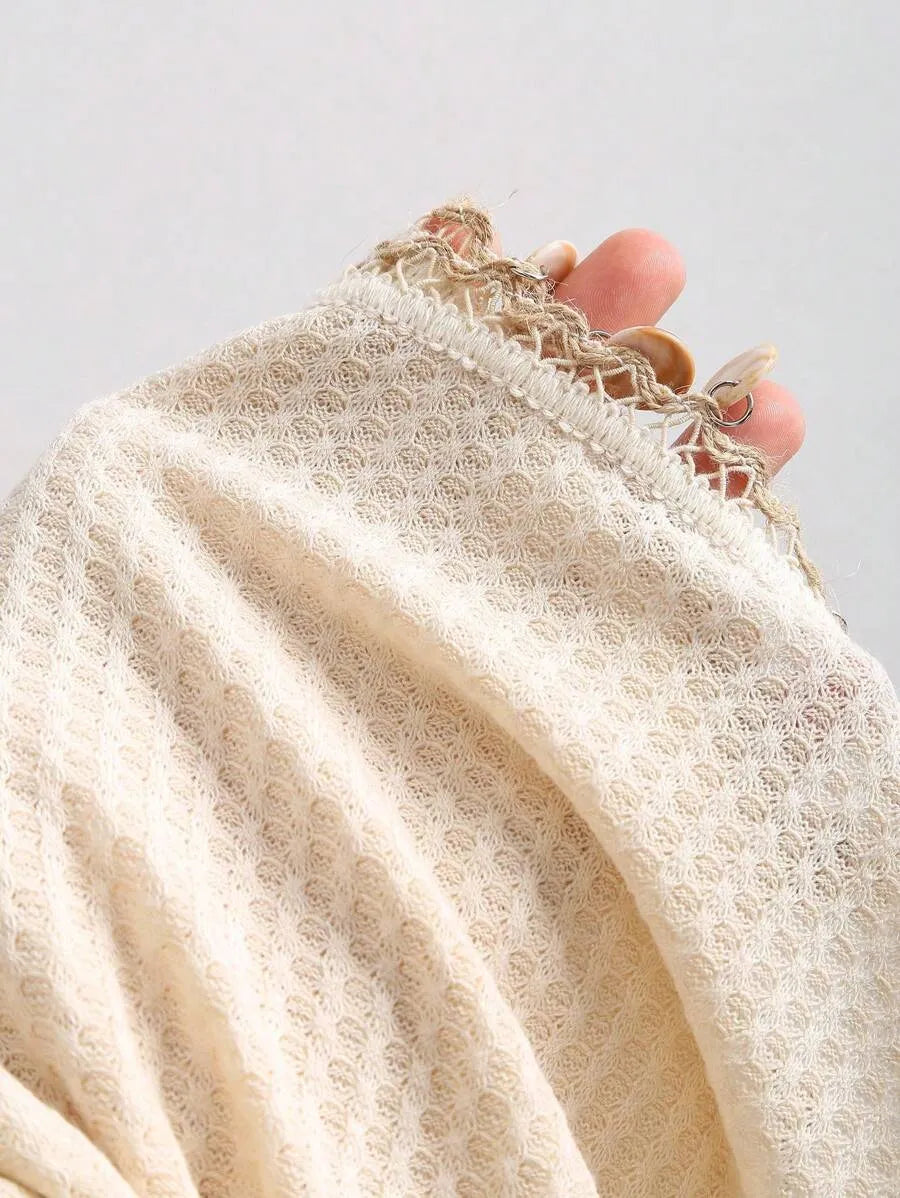 Women's Bohemian Strapless Mini Dress – Textured Fabric with Patchwork Hem, Shell Ornament & Open Back for Spring, Summer Vacation, Beach, Resort & Retro Style