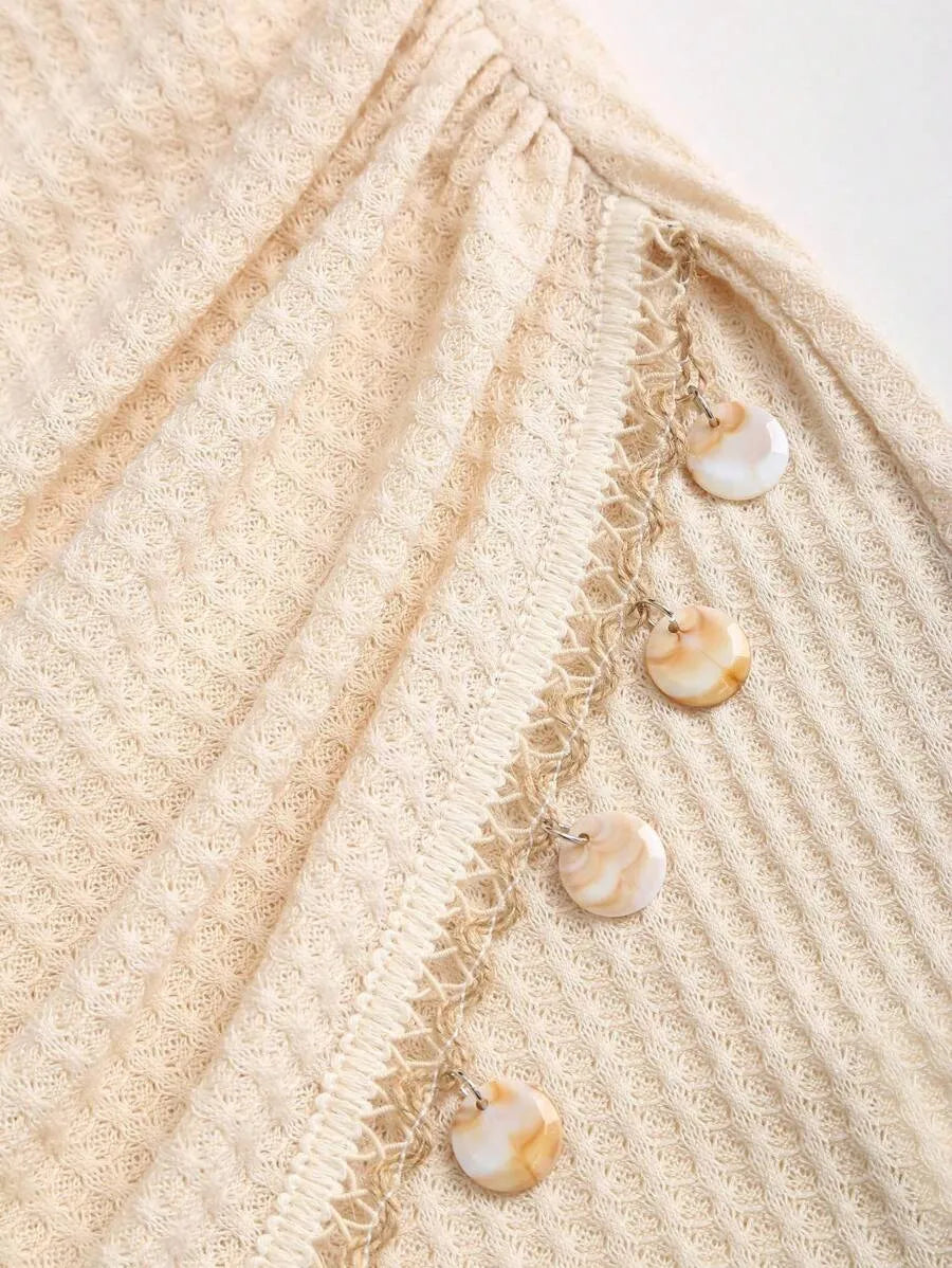 Women's Bohemian Strapless Mini Dress – Textured Fabric with Patchwork Hem, Shell Ornament & Open Back for Spring, Summer Vacation, Beach, Resort & Retro Style