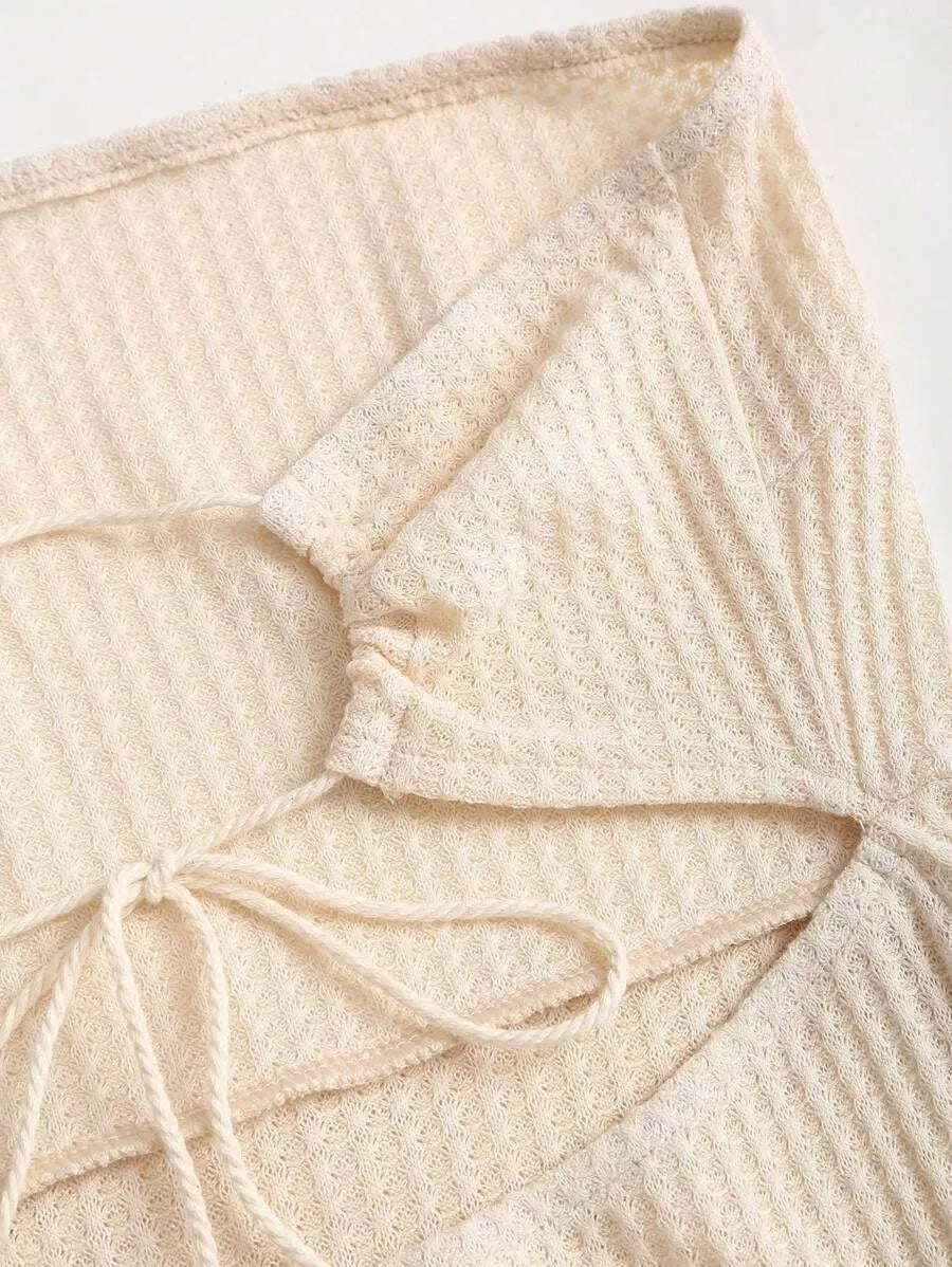 Women's Bohemian Strapless Mini Dress – Textured Fabric with Patchwork Hem, Shell Ornament & Open Back for Spring, Summer Vacation, Beach, Resort & Retro Style