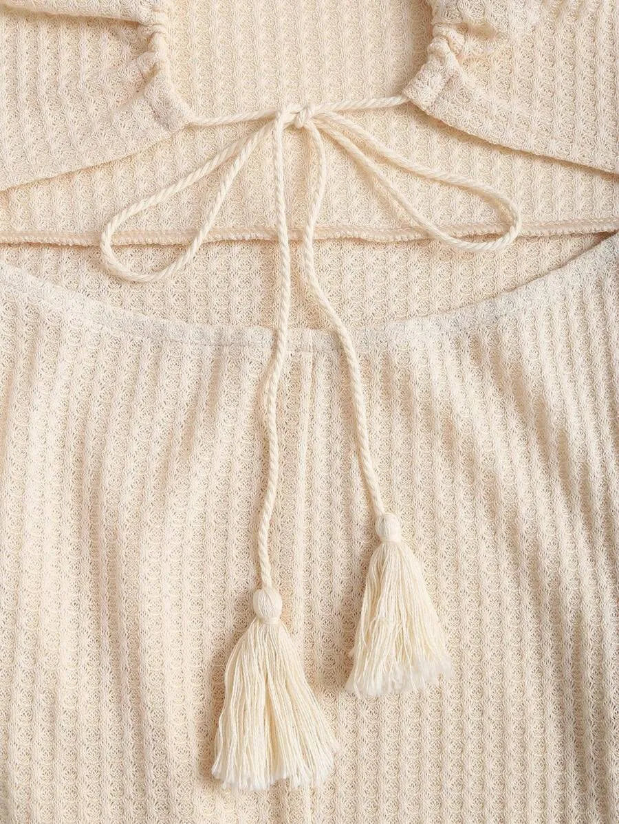 Women's Bohemian Strapless Mini Dress – Textured Fabric with Patchwork Hem, Shell Ornament & Open Back for Spring, Summer Vacation, Beach, Resort & Retro Style