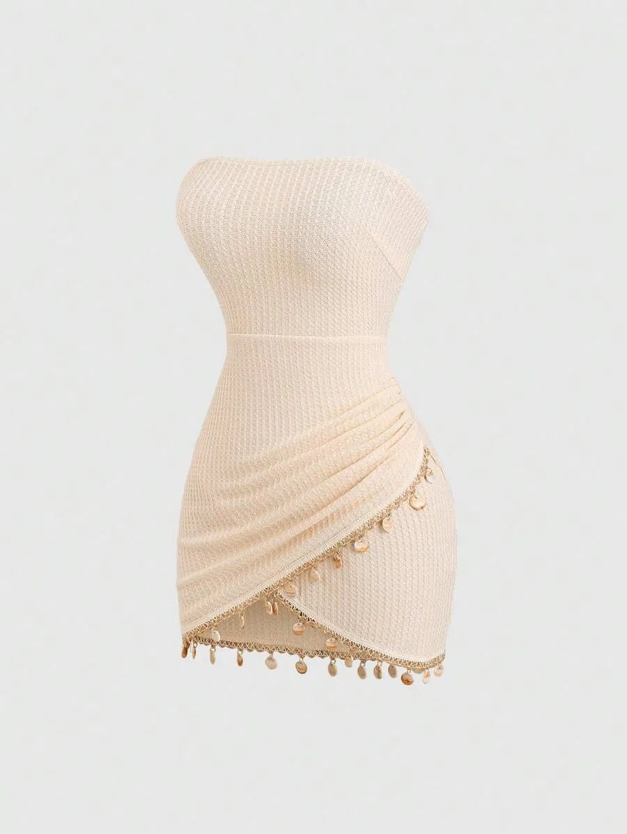 Women's Bohemian Strapless Mini Dress – Textured Fabric with Patchwork Hem, Shell Ornament & Open Back for Spring, Summer Vacation, Beach, Resort & Retro Style