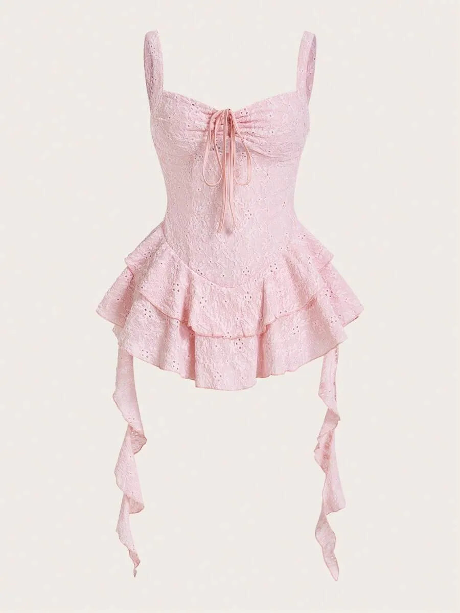 Women’s Y2K Spring Break Pastel Long Cami Dress – Hollow Out Perspective Design with Ruffle Hem, Perfect for Summer Outfits, Beach, Vacation & Casual Wear