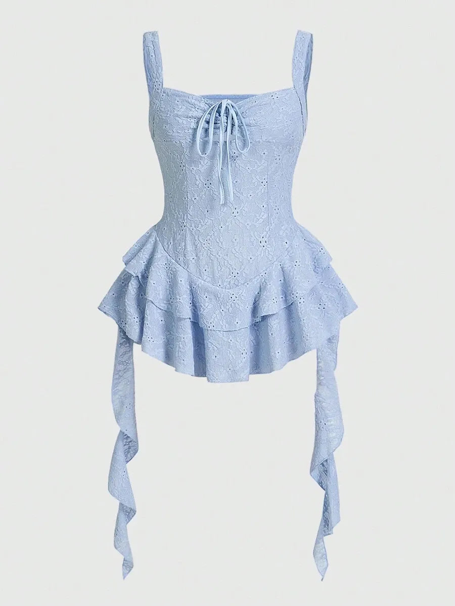 Women’s Y2K Spring Break Pastel Long Cami Dress – Hollow Out Perspective Design with Ruffle Hem, Perfect for Summer Outfits, Beach, Vacation & Casual Wear