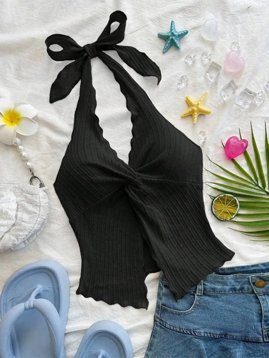 Women's Sexy Halter Neck Open Back Tank Top – Fashionable Tie Knot Hem Detail, Sleeveless Slit Design for Summer Parties, Beach Days & Casual Chic Outfits