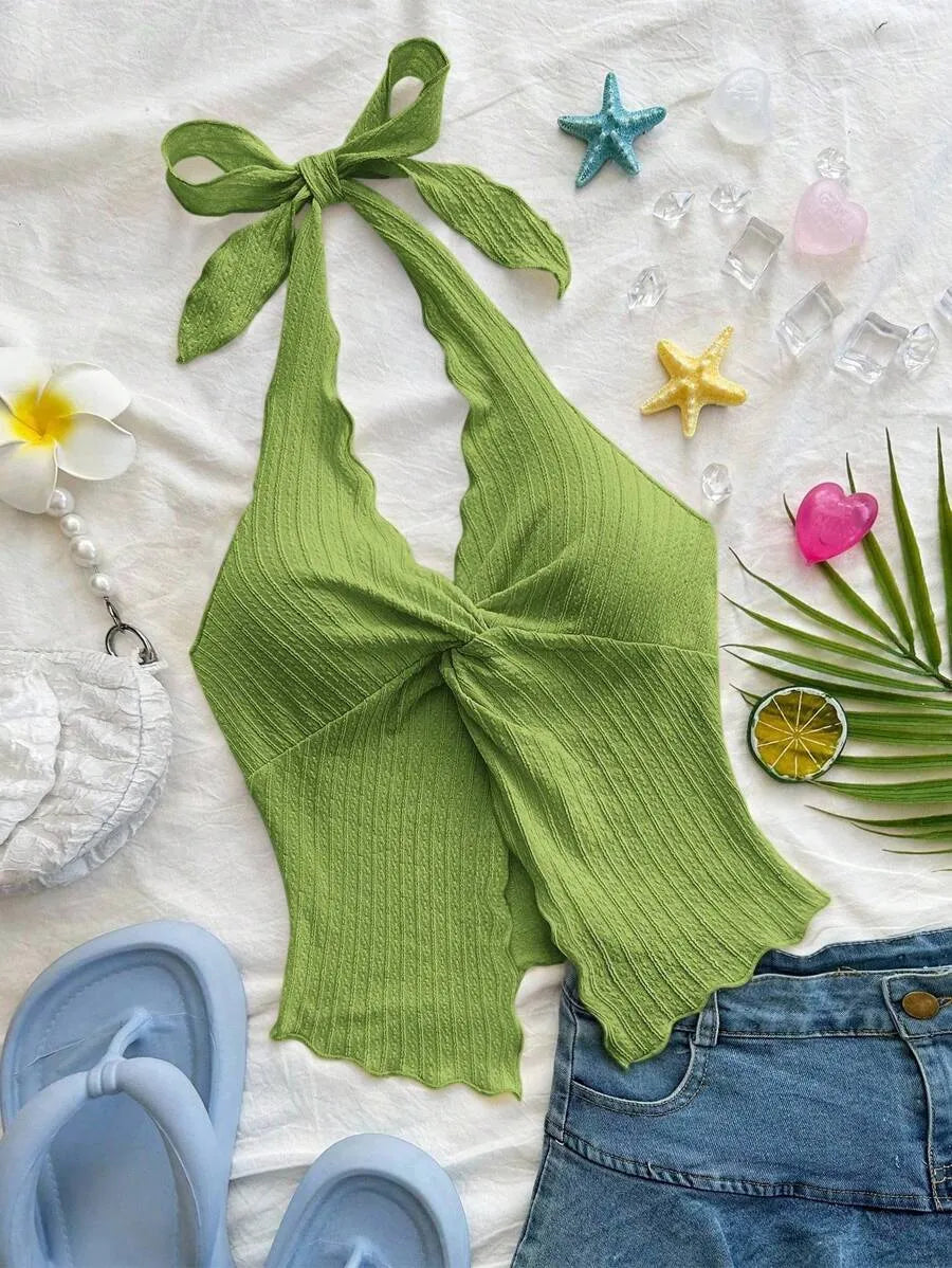 Women's Sexy Halter Neck Open Back Tank Top – Fashionable Tie Knot Hem Detail, Sleeveless Slit Design for Summer Parties, Beach Days & Casual Chic Outfits