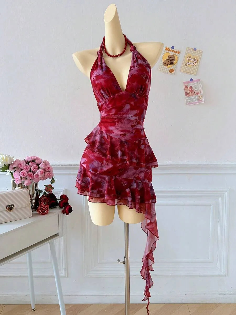 Women's Full Print Halter Neck Dress – Vacation Style with Asymmetrical Ruffle Hem, Lightweight Summer Dress for Beach, Casual & Resort Wear