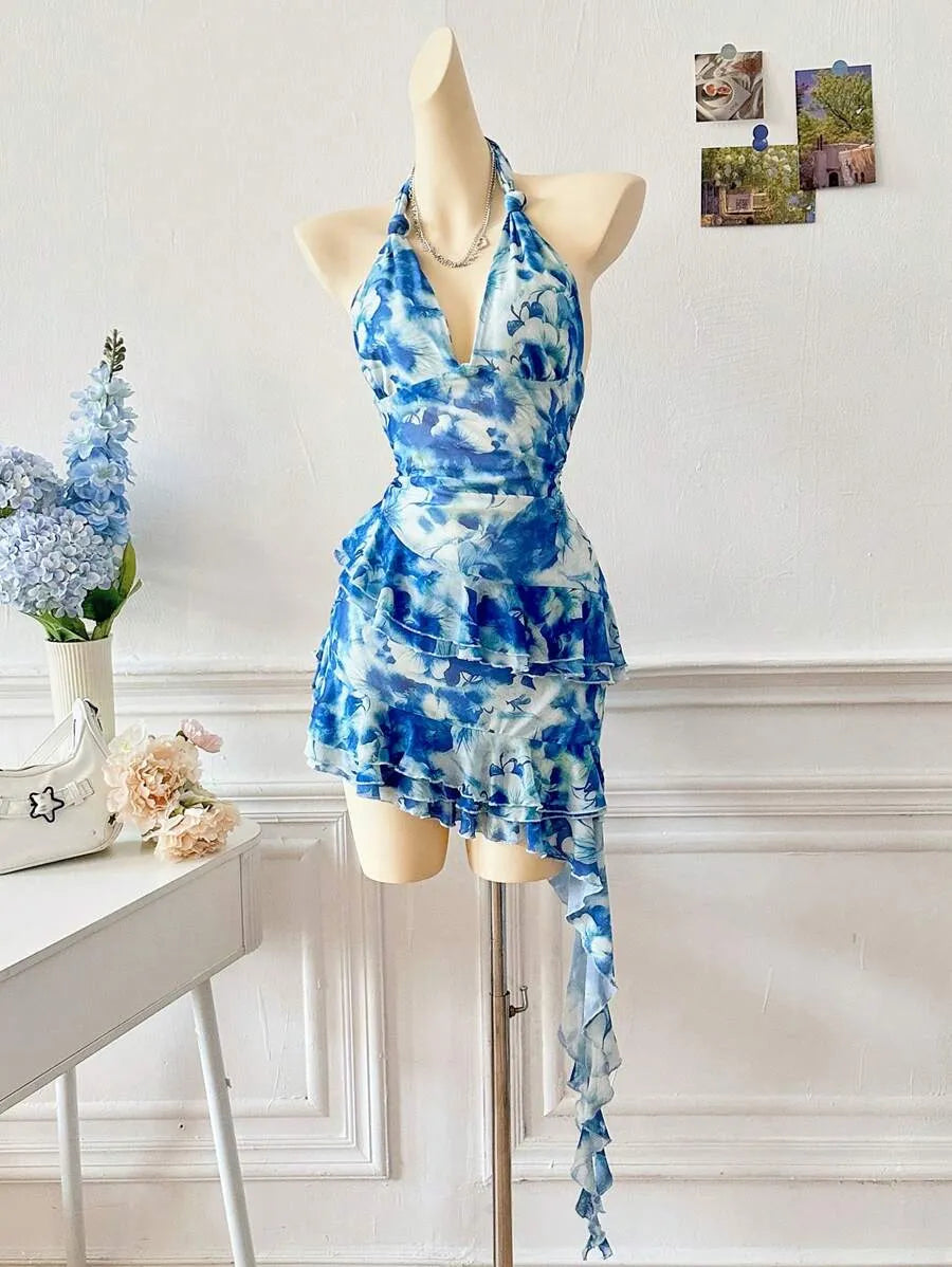 Women's Full Print Halter Neck Dress – Vacation Style with Asymmetrical Ruffle Hem, Lightweight Summer Dress for Beach, Casual & Resort Wear