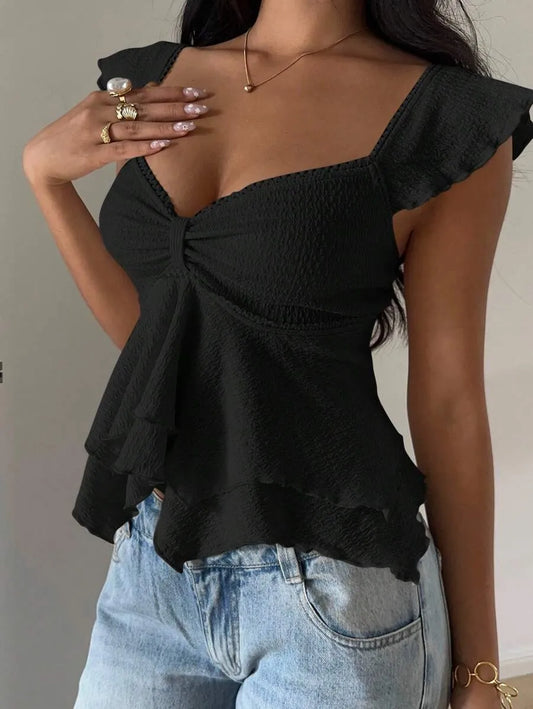 Women's Elegant Puff Sleeve Ruffle Hem Top with Sweetheart Neckline – Stylish Rave-Inspired T-Shirt for Casual, Party, or Evening Outfits – Trendy Slim Fit Blouse
