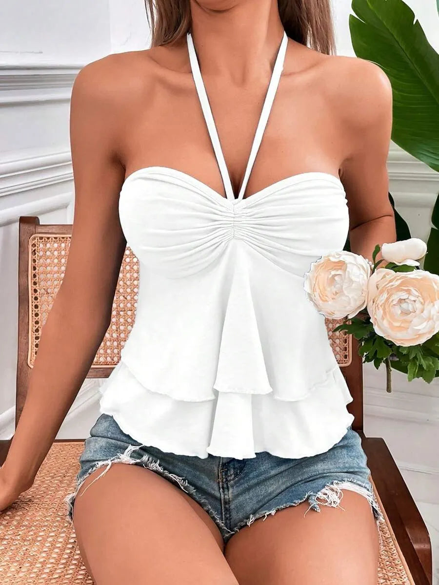 Women's Ruched Bust Halter Top with Tie Back – Stylish Backless Summer Crop Top for Vacation, Beach, Festivals & Casual Daywear