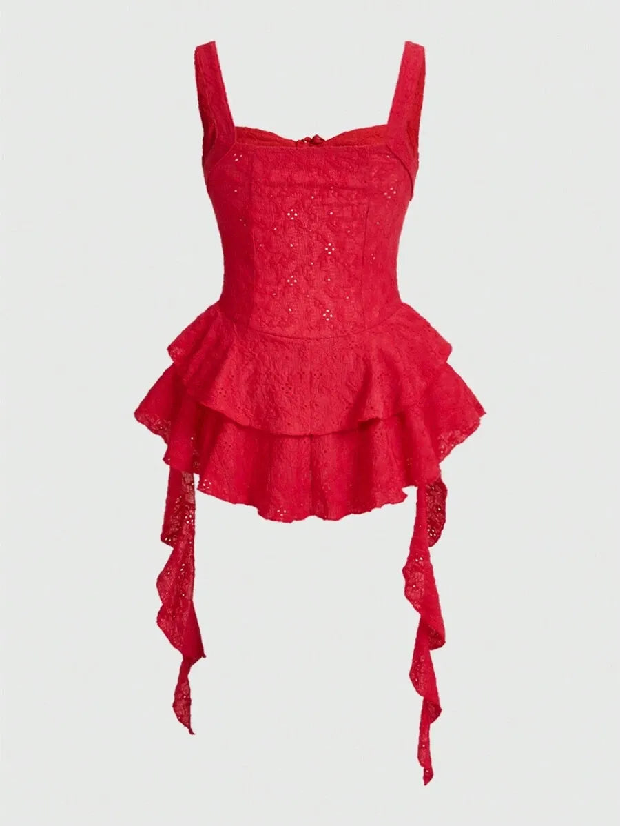 Women’s Y2K Spring Break Pastel Long Cami Dress – Hollow Out Perspective Design with Ruffle Hem, Perfect for Summer Outfits, Beach, Vacation & Casual Wear