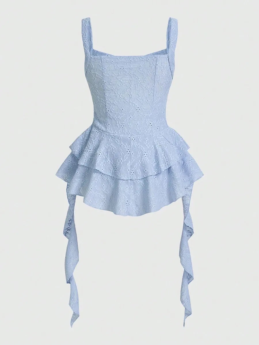 Women’s Y2K Spring Break Pastel Long Cami Dress – Hollow Out Perspective Design with Ruffle Hem, Perfect for Summer Outfits, Beach, Vacation & Casual Wear