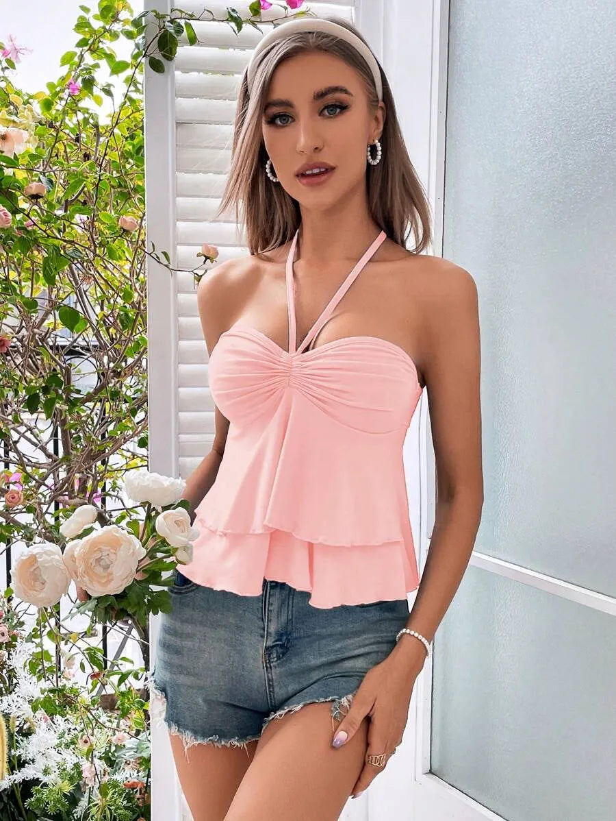 Women's Ruched Bust Halter Top with Tie Back – Stylish Backless Summer Crop Top for Vacation, Beach, Festivals & Casual Daywear