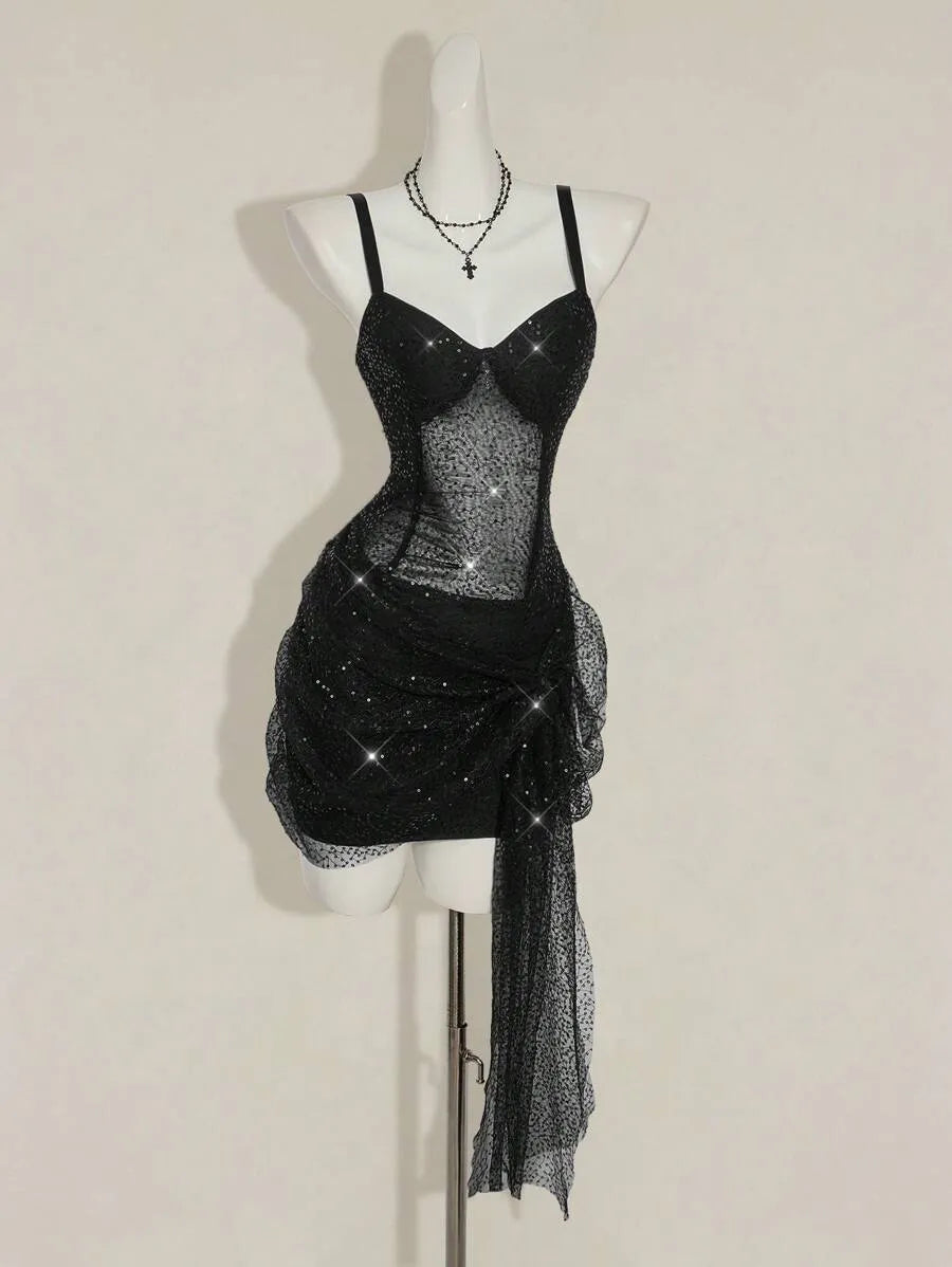 Women’s Y2K Sparkling Ruched One-Shoulder Mini Dress – Sexy Party & Club Outfit with Draped Design, Perfect for Night Out, Events & Special Occasions