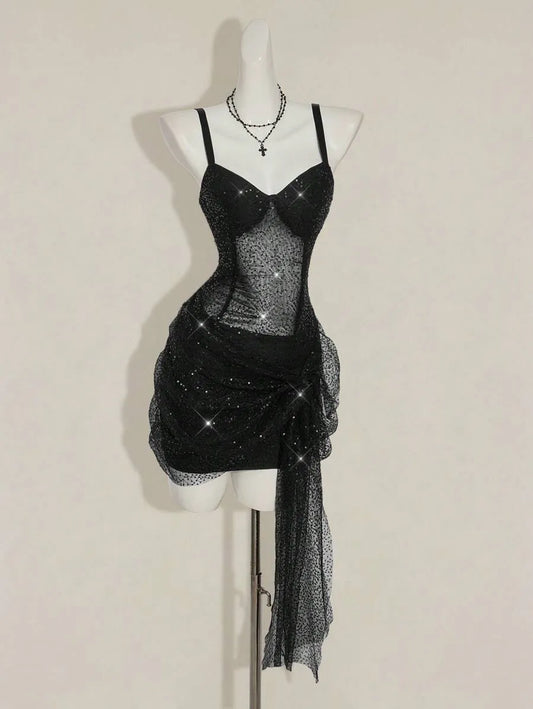 Women’s Y2K Sparkling Ruched One-Shoulder Mini Dress – Sexy Party & Club Outfit with Draped Design, Perfect for Night Out, Events & Special Occasions