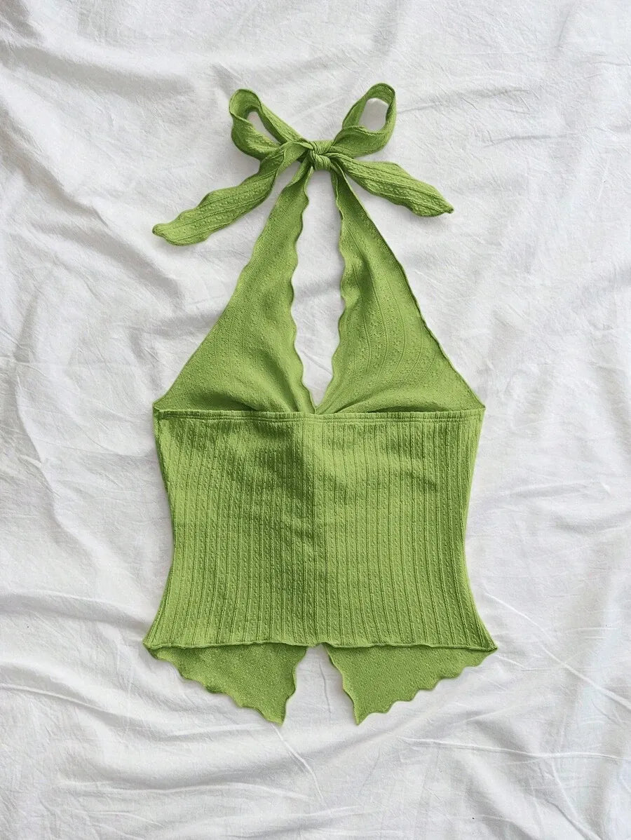 Women's Sexy Halter Neck Open Back Tank Top – Fashionable Tie Knot Hem Detail, Sleeveless Slit Design for Summer Parties, Beach Days & Casual Chic Outfits