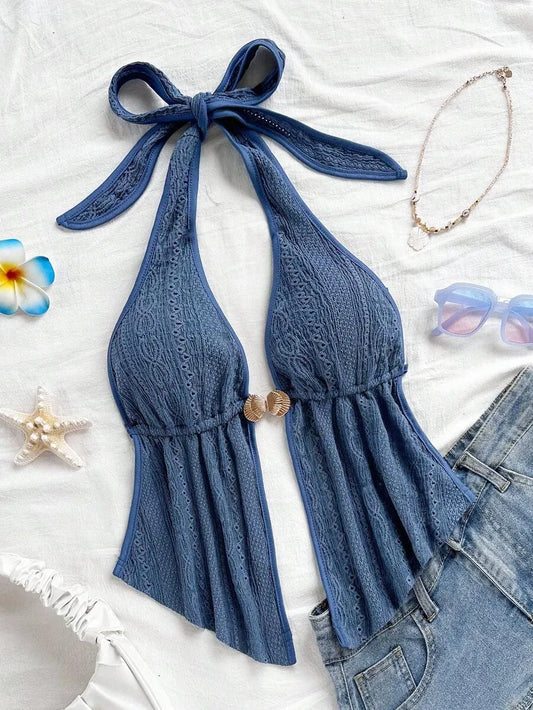 Women's Red Textured Backless Halter Camisole – Sexy V-Neck Boho Style with Metal Detail and Ruffle Hem, Perfect for Beach, Holidays, Dates, Festivals & Summer Vacations