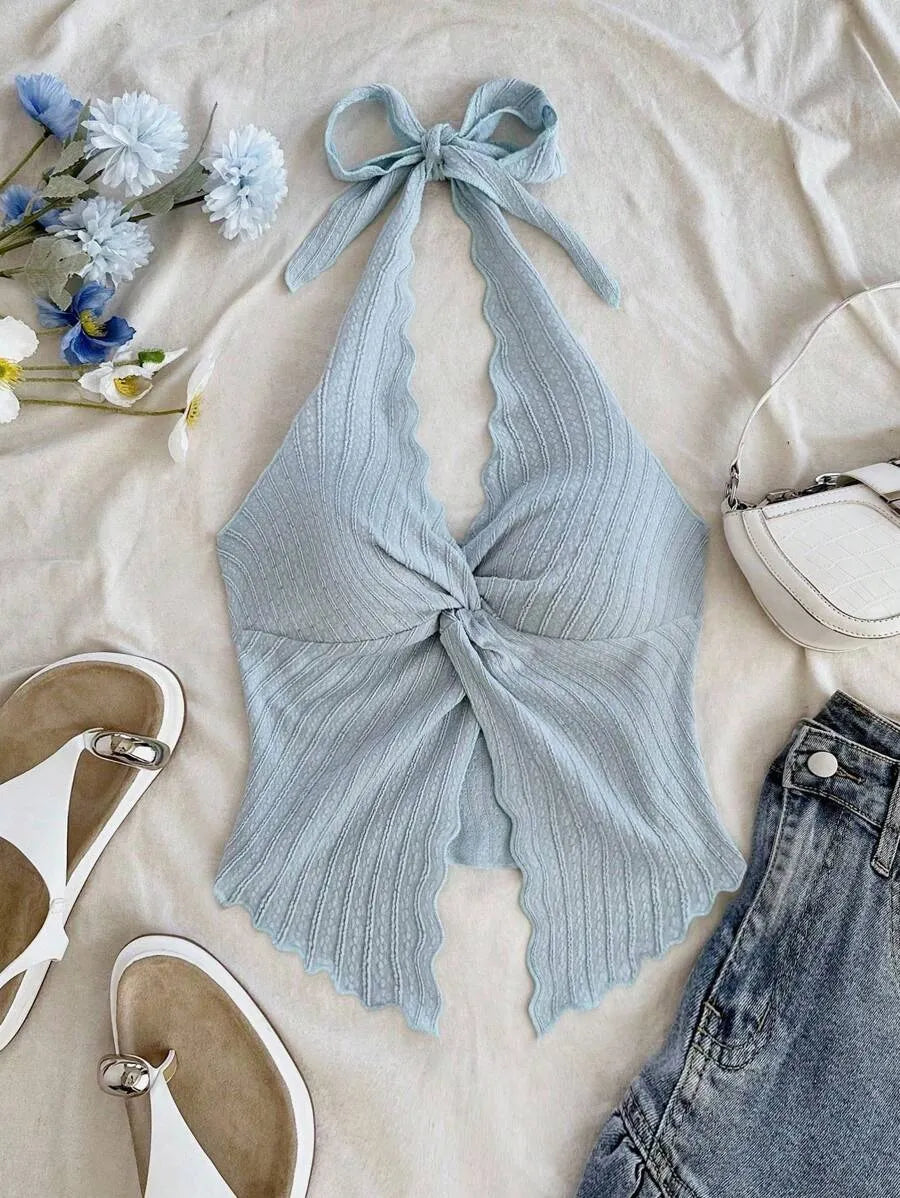 Women's Sexy Halter Neck Open Back Tank Top – Fashionable Tie Knot Hem Detail, Sleeveless Slit Design for Summer Parties, Beach Days & Casual Chic Outfits