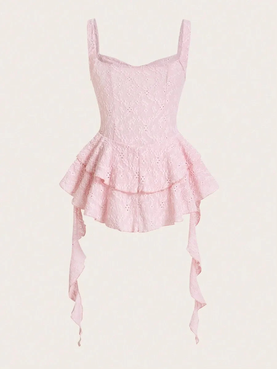 Women’s Y2K Spring Break Pastel Long Cami Dress – Hollow Out Perspective Design with Ruffle Hem, Perfect for Summer Outfits, Beach, Vacation & Casual Wear