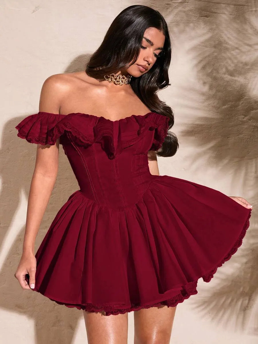 Women's Summer White Off Shoulder Lace Dress – Sexy Sweetheart Neckline with Petal Sleeves, Ruffled Bodice & Lace Edge, Elegant Solid Color Dress for Parties & Special Occasions