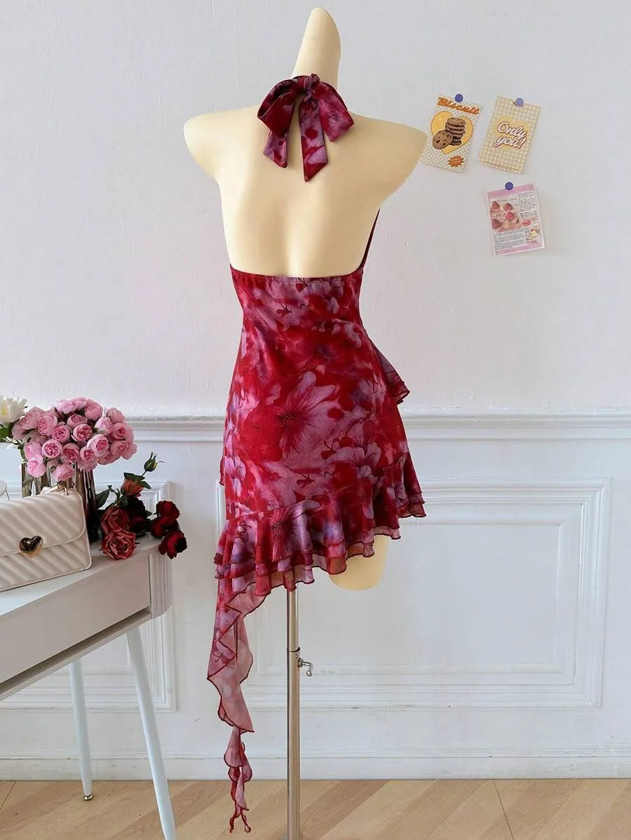 Women's Full Print Halter Neck Dress – Vacation Style with Asymmetrical Ruffle Hem, Lightweight Summer Dress for Beach, Casual & Resort Wear