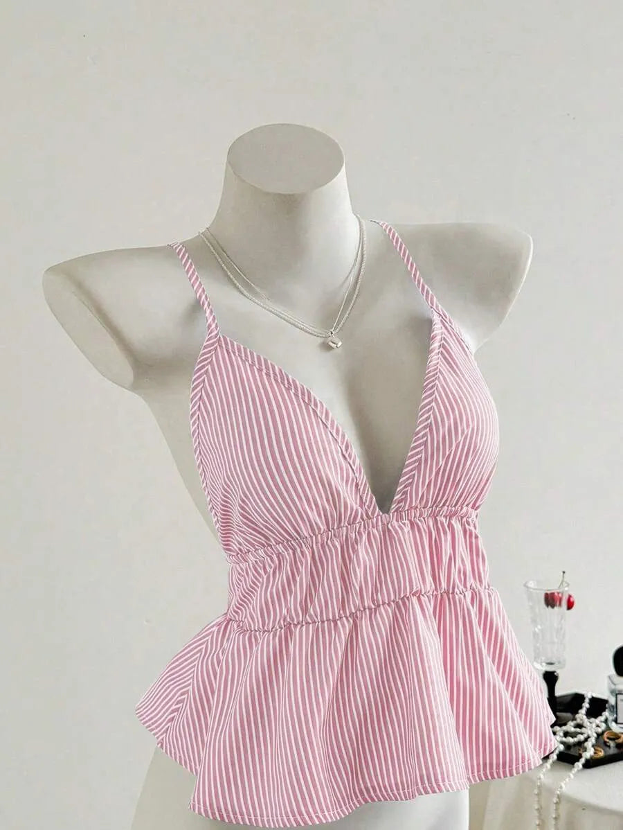 Women's Striped Ruffle Hem Camisole Tank Top – Lightweight Sleeveless Summer Top for Beach, Vacation, Casual Outings & Layered Looks