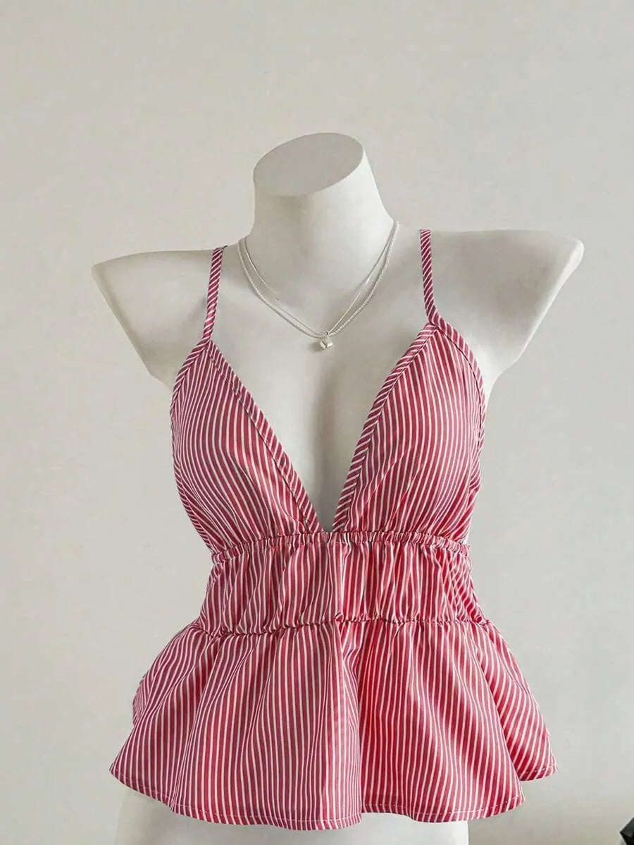 Women's Striped Ruffle Hem Camisole Tank Top – Lightweight Sleeveless Summer Top for Beach, Vacation, Casual Outings & Layered Looks