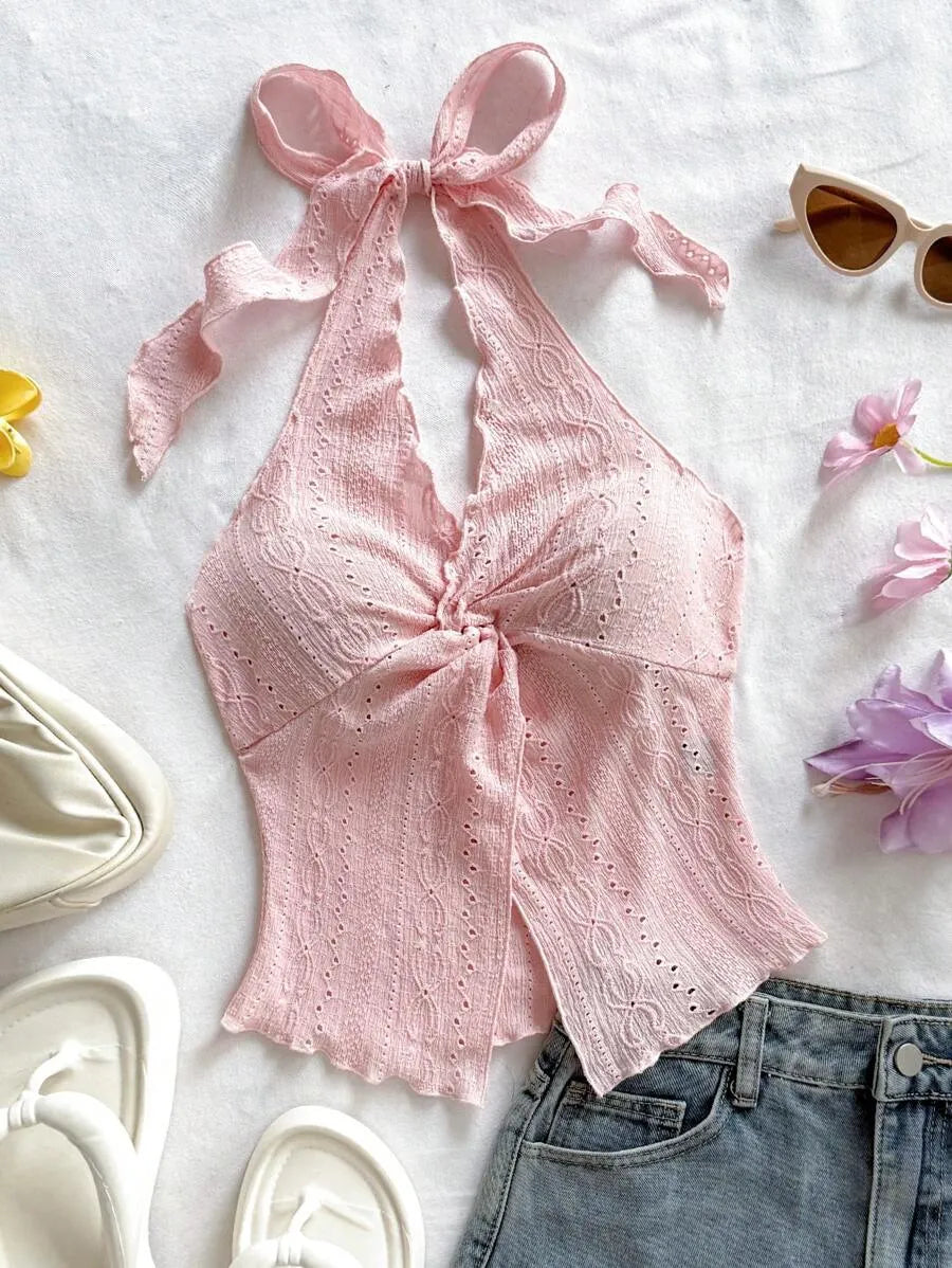 Women's Sexy Halter Neck Open Back Tank Top – Fashionable Tie Knot Hem Detail, Sleeveless Slit Design for Summer Parties, Beach Days & Casual Chic Outfits