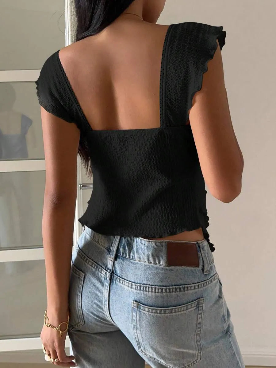 Women's Elegant Puff Sleeve Ruffle Hem Top with Sweetheart Neckline – Stylish Rave-Inspired T-Shirt for Casual, Party, or Evening Outfits – Trendy Slim Fit Blouse