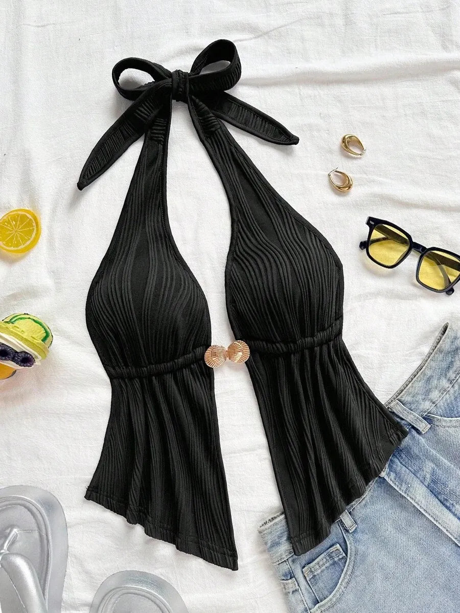 Women's Red Textured Backless Halter Camisole – Sexy V-Neck Boho Style with Metal Detail and Ruffle Hem, Perfect for Beach, Holidays, Dates, Festivals & Summer Vacations